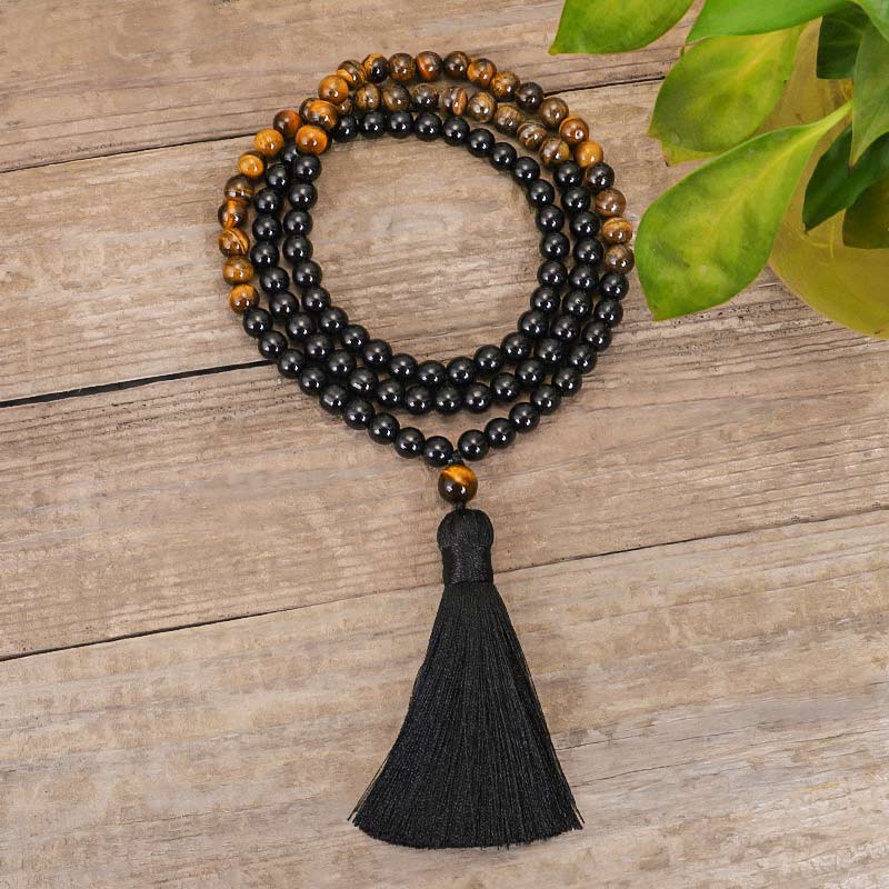 Faith Nova Tibetan Black Onyx Tiger Eye Protection Necklace Mala Set