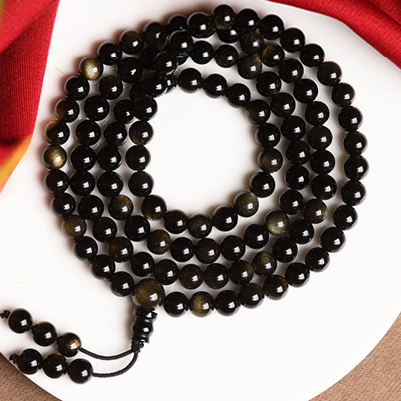 Faith Nova 108 Mala Beads Natural Gold Sheen Obsidian Wealth Bracelet