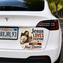 Jesus Loves Everyone Even New Drivers, Adhesive-Free Magnetic Design, Suitable for Car Doors & Trunks