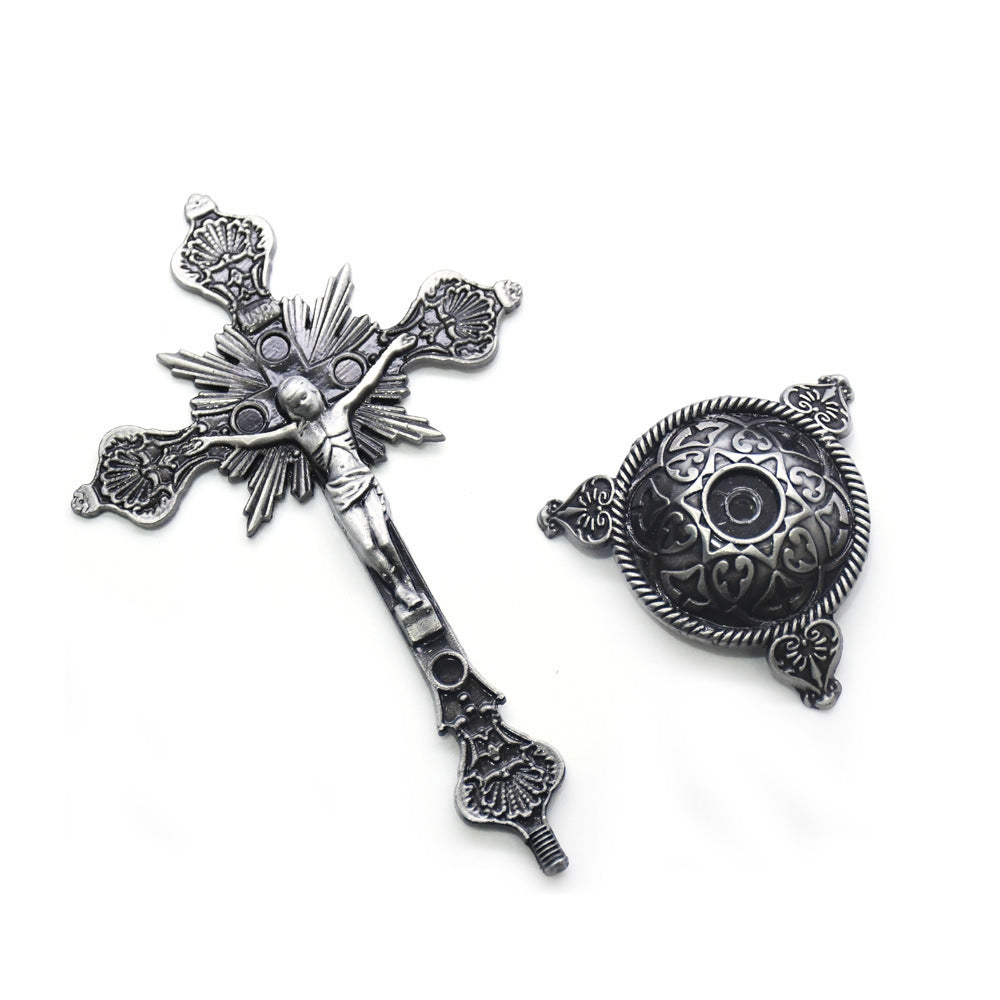 Vintage Metal Crucifix Desktop Ornament Antique Style Cross Stand Religious Decor for Home Office