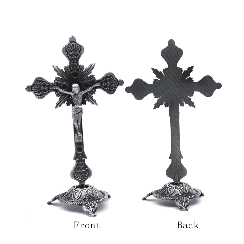 Vintage Metal Crucifix Desktop Ornament Antique Style Cross Stand Religious Decor for Home Office