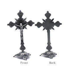 Vintage Metal Crucifix Desktop Ornament Antique Style Cross Stand Religious Decor for Home Office