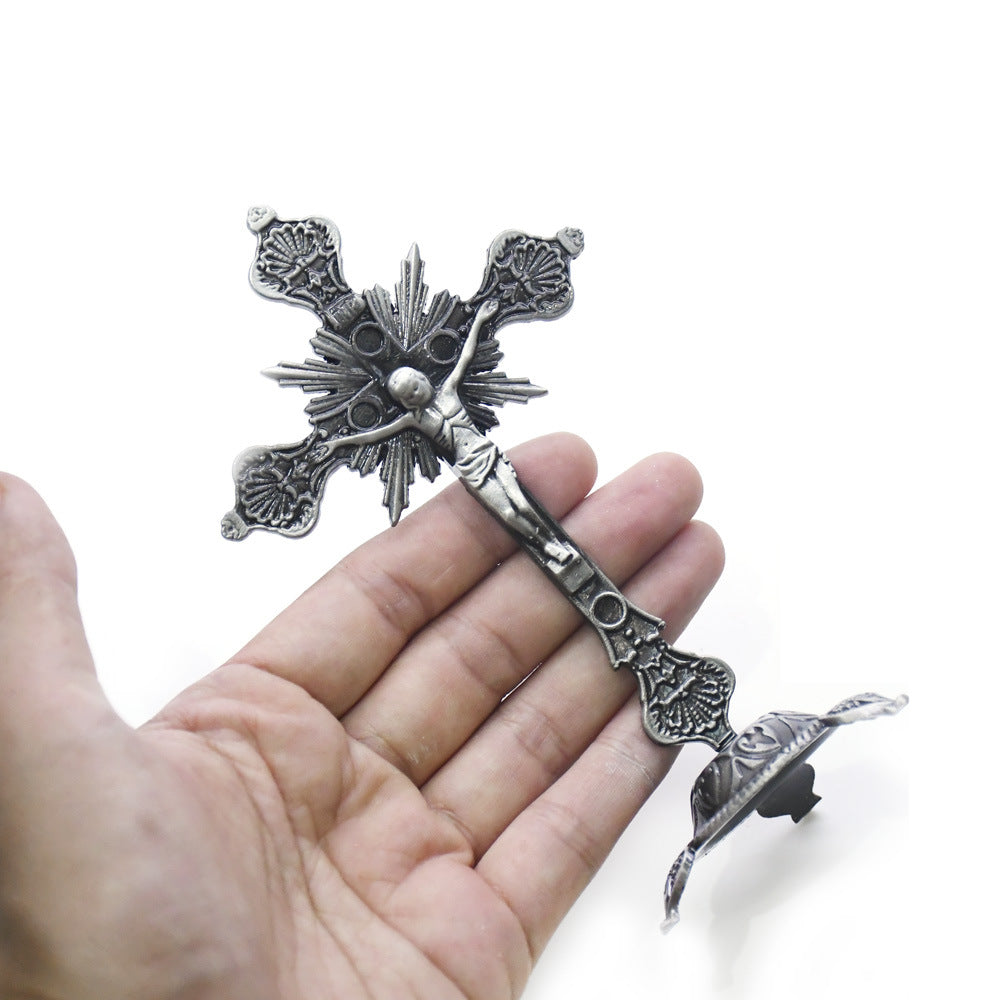 Vintage Metal Crucifix Desktop Ornament Antique Style Cross Stand Religious Decor for Home Office