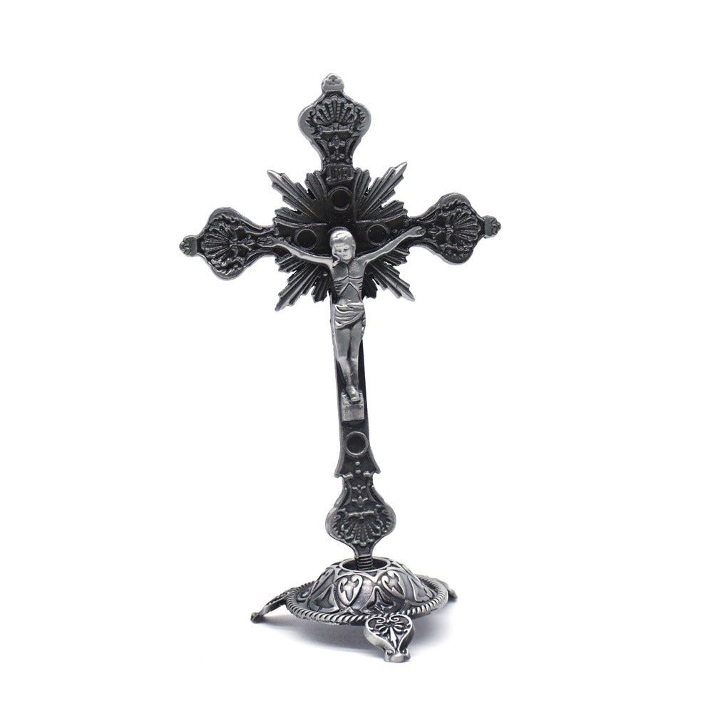 Vintage Metal Crucifix Desktop Ornament Antique Style Cross Stand Religious Decor for Home Office