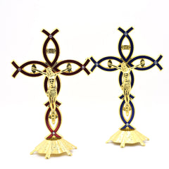 12×21cm Metal Crucifix Desktop Ornament Gold Plated Cross Stand Religious Decor for Home Office Gift