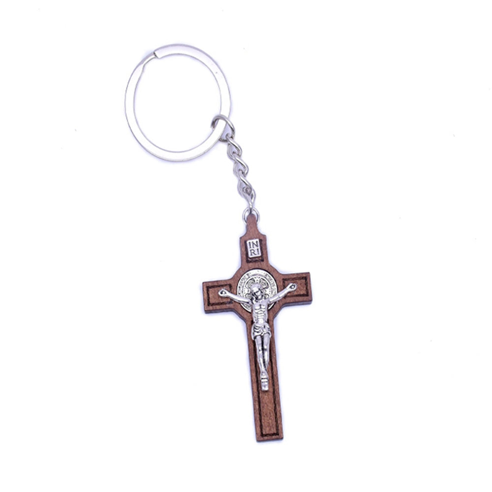 St. Benedict Cross Keychain Wooden Metal Religious Key Ring Catholic Gift