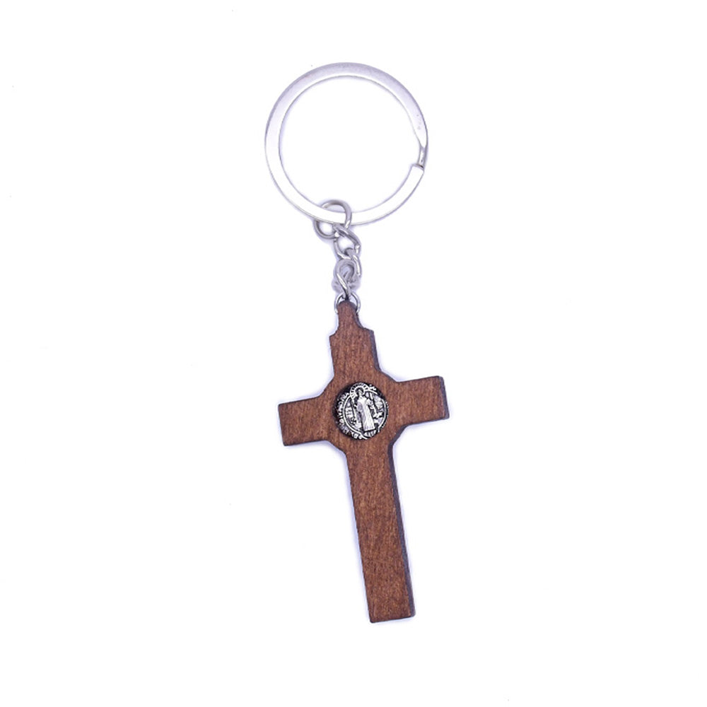 St. Benedict Cross Keychain Wooden Metal Religious Key Ring Catholic Gift