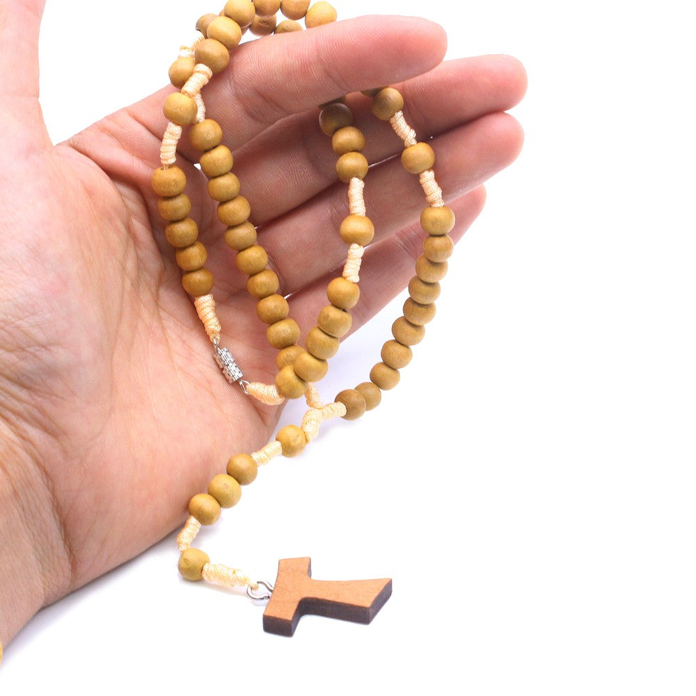 Short Wooden Rosary Necklace – Handcrafted Beads with Cross