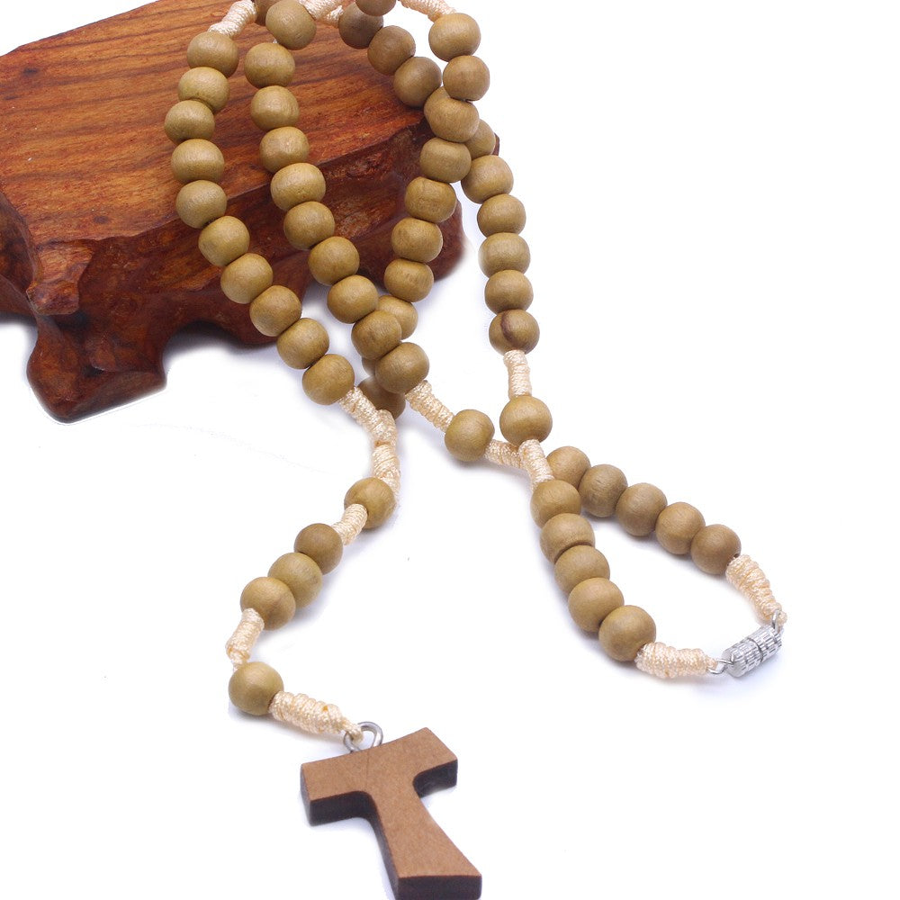 Short Wooden Rosary Necklace – Handcrafted Beads with Cross