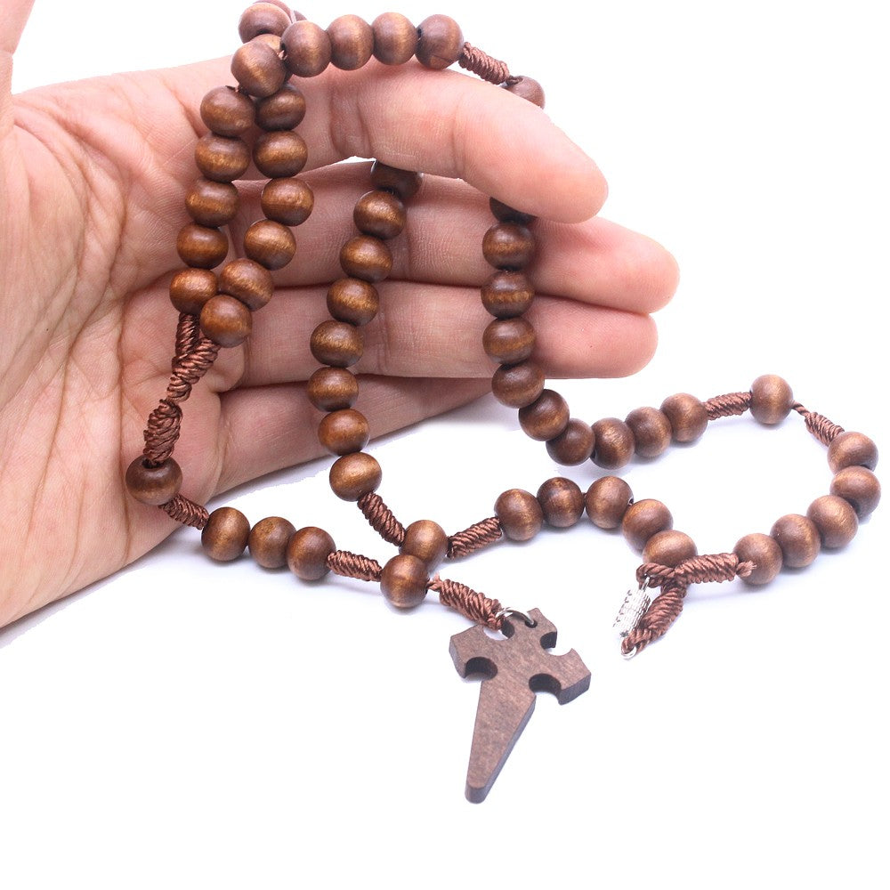 Handcrafted Wooden Rosary Necklace – Short Style 6×7mm Beads with Cross