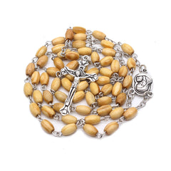 Pine Wood Rosary Necklace – Rice-Shaped Beads with Cross