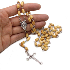 Pine Wood Rosary Necklace – Rice-Shaped Beads with Cross