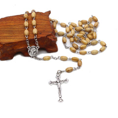 Pine Wood Rosary Necklace – Rice-Shaped Beads with Cross