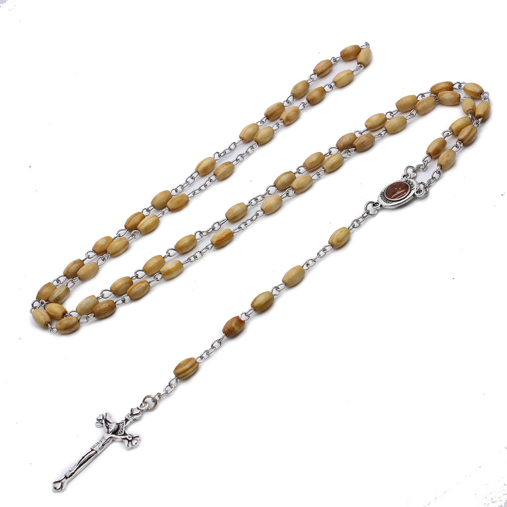 Pine Wood Rosary Necklace – Rice-Shaped Beads with Cross