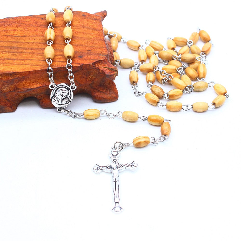 Pine Wood Rosary Necklace – Rice-Shaped Beads with Cross