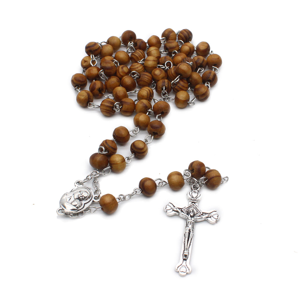 8mm Pine Wood Rosary Necklace – Cross Pendant