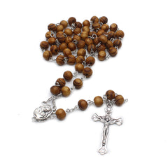8mm Pine Wood Rosary Necklace – Cross Pendant