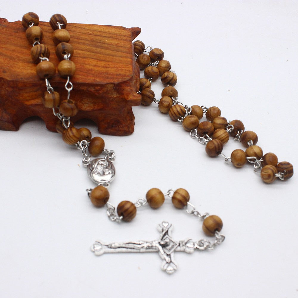 8mm Pine Wood Rosary Necklace – Cross Pendant