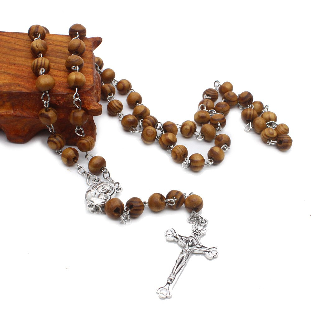 8mm Pine Wood Rosary Necklace – Cross Pendant