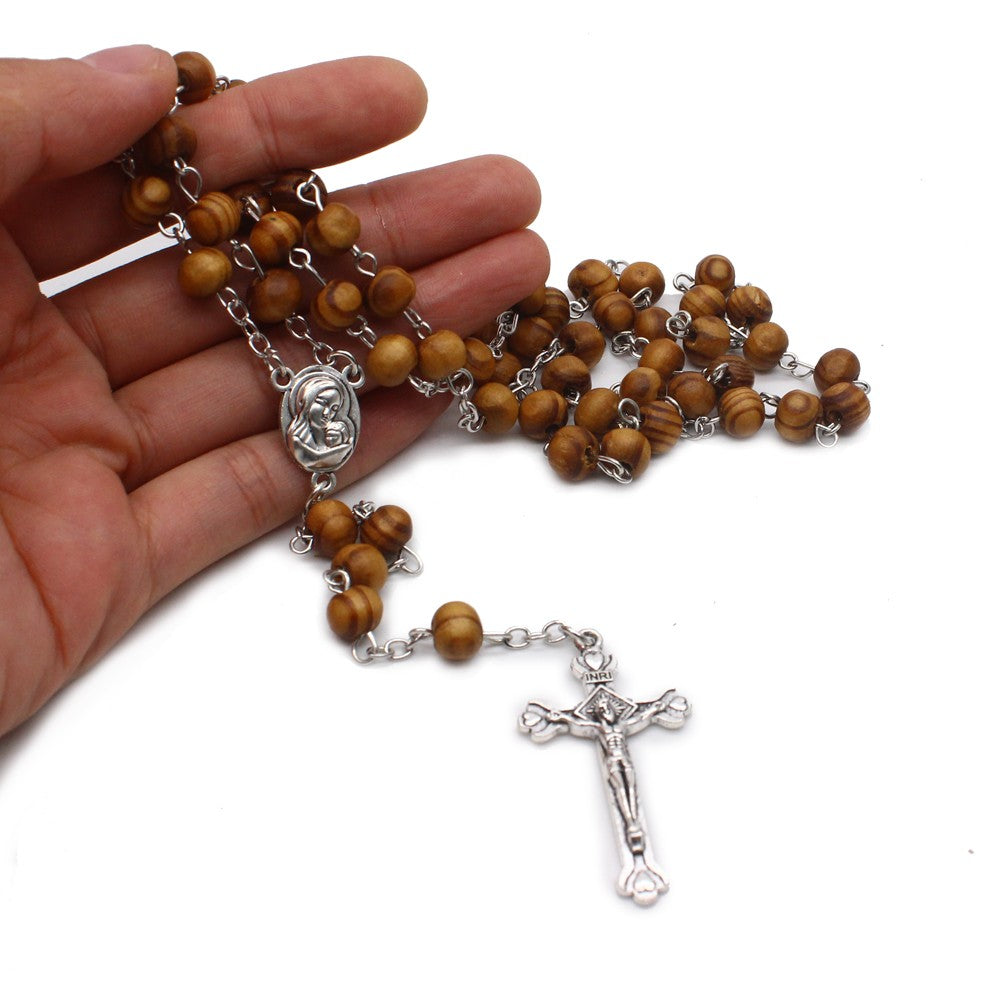 8mm Pine Wood Rosary Necklace – Cross Pendant