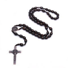Brown Wooden Rosary Necklace – Rice-Shaped Beads with Antique Copper Cross