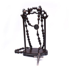 Brown Wooden Rosary Necklace – Rice-Shaped Beads with Antique Copper Cross