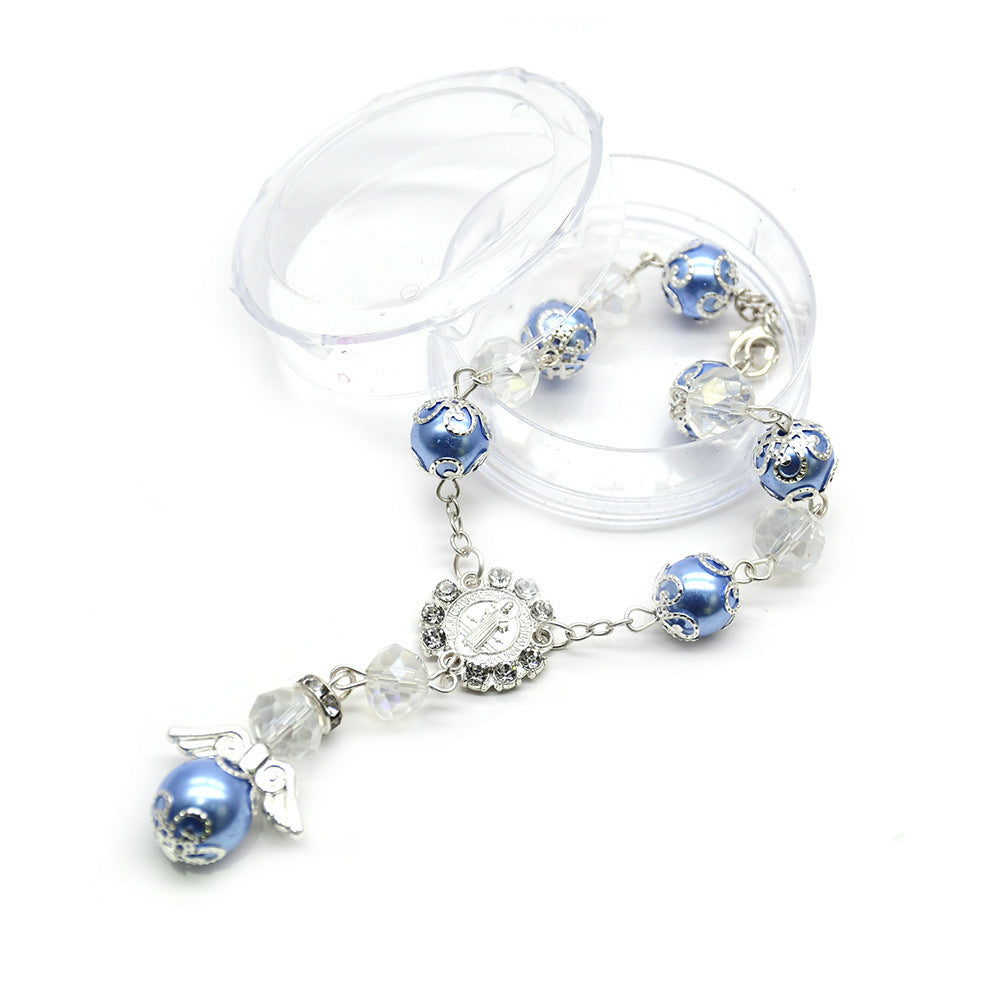 Angel Crystal Rosary Bracelet – St. Benedict Cross Prayer Beads