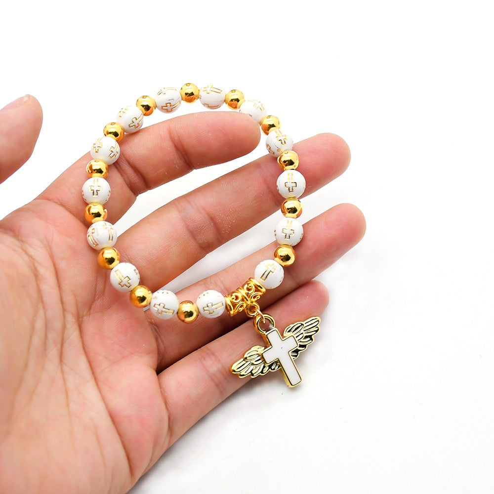 Angel Cross Rosary Bracelet – Gold Beads with Rose Design