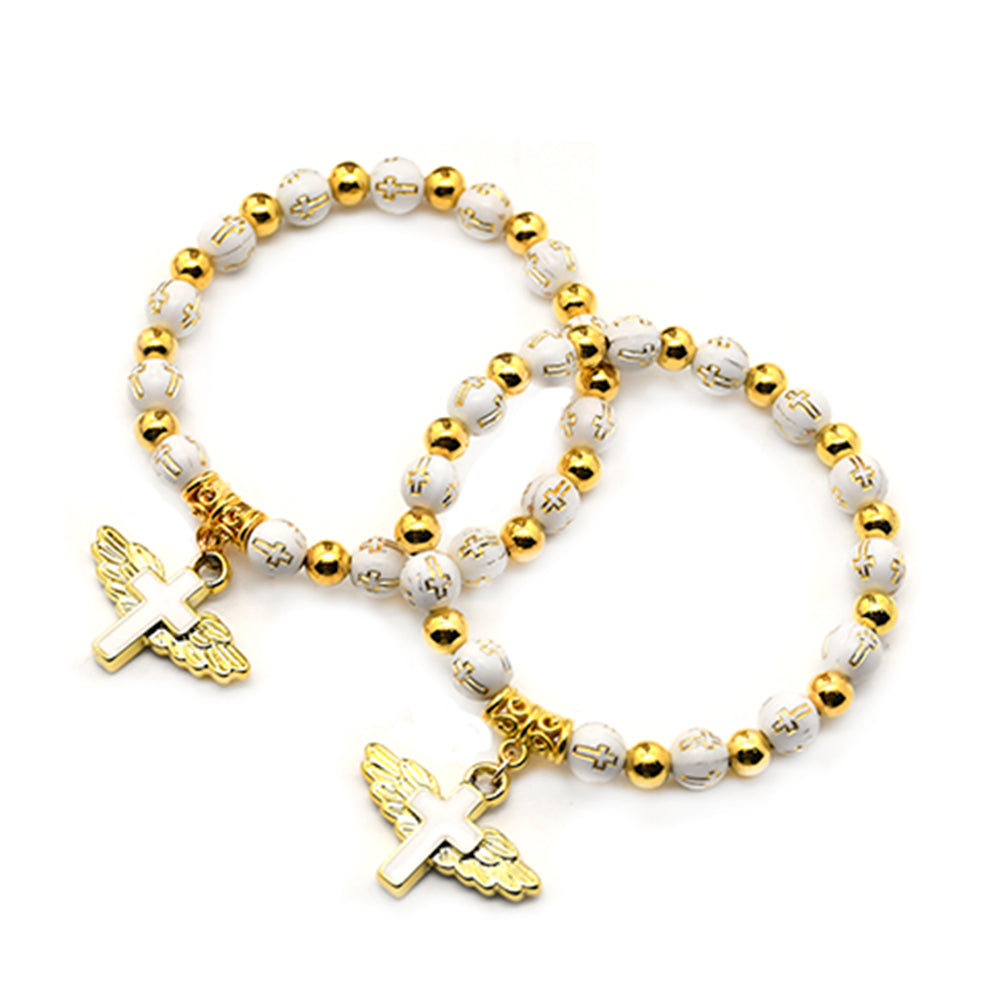 Angel Cross Rosary Bracelet – Gold Beads with Rose Design