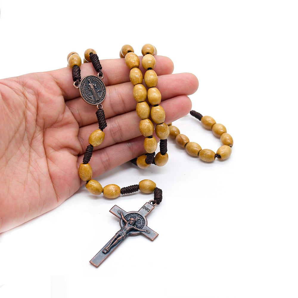 Vintage Wooden Rosary Necklace – Handcrafted Rice-Shaped Beads with Cross