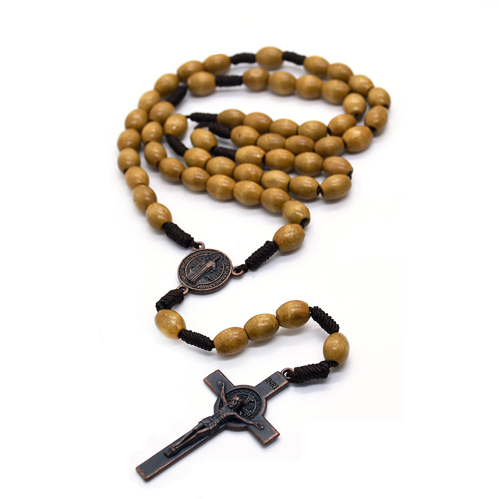 Vintage Wooden Rosary Necklace – Handcrafted Rice-Shaped Beads with Cross