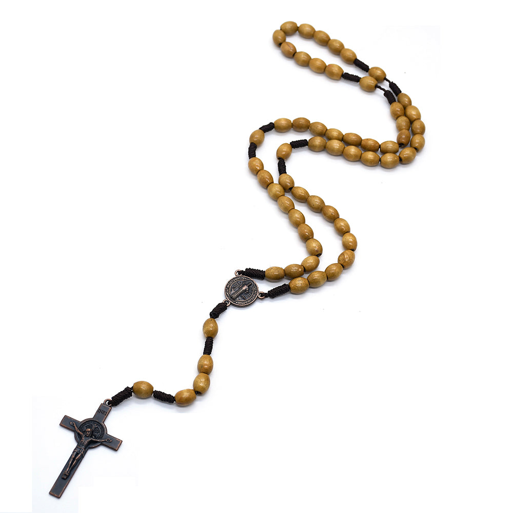 Vintage Wooden Rosary Necklace – Handcrafted Rice-Shaped Beads with Cross