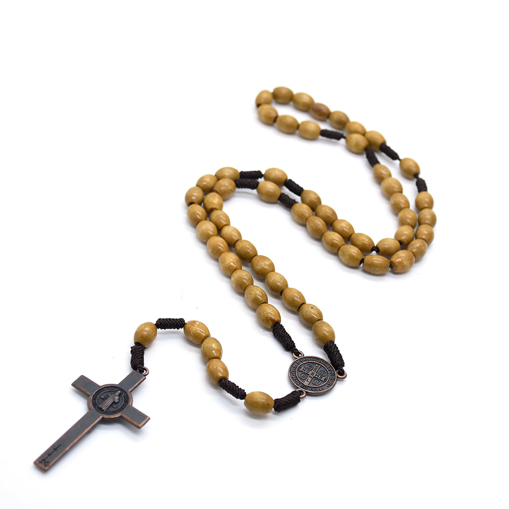 Vintage Wooden Rosary Necklace – Handcrafted Rice-Shaped Beads with Cross