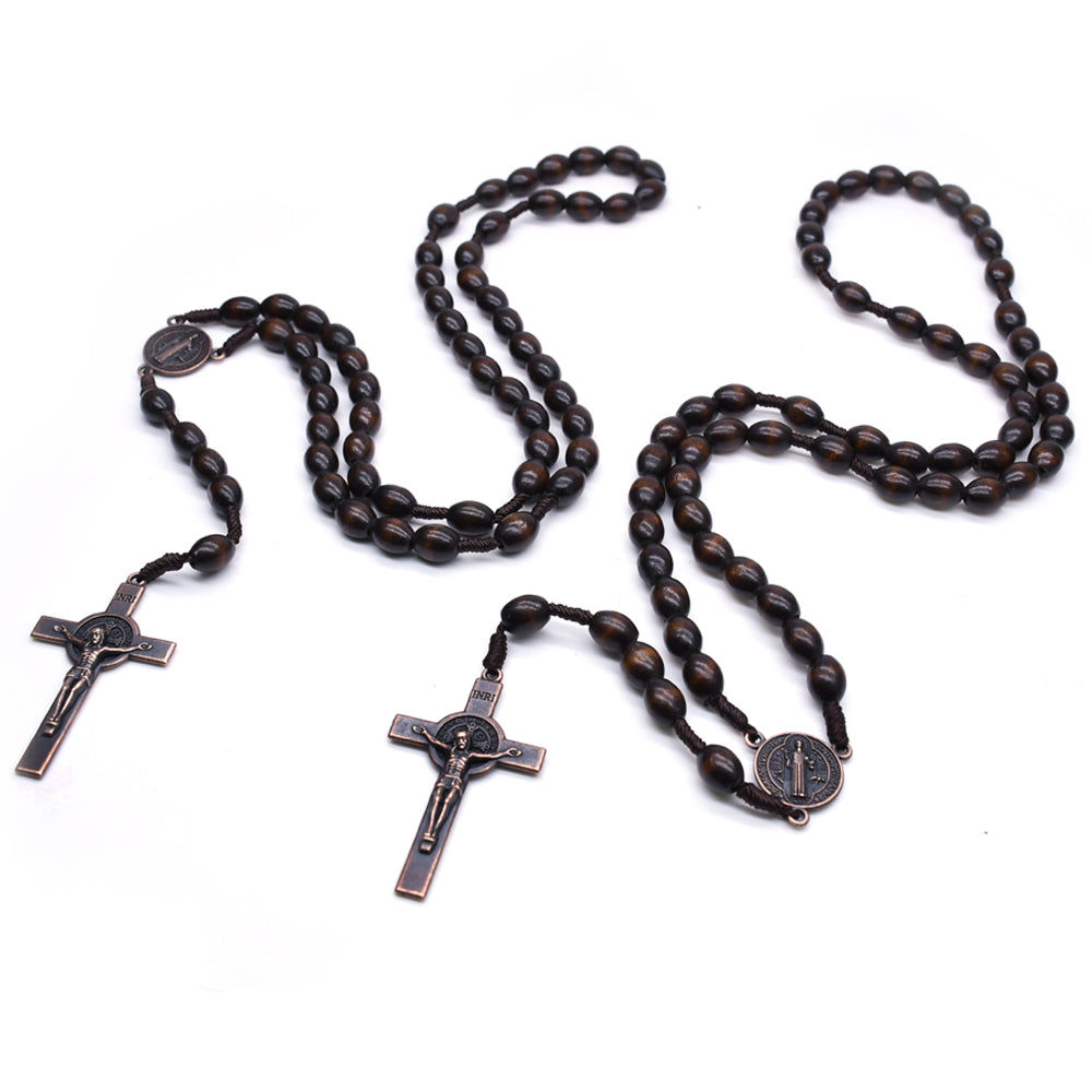 Vintage Wooden Rosary Necklace – Handcrafted Rice-Shaped Beads with Cross