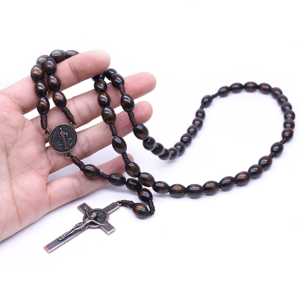 Vintage Wooden Rosary Necklace – Handcrafted Rice-Shaped Beads with Cross