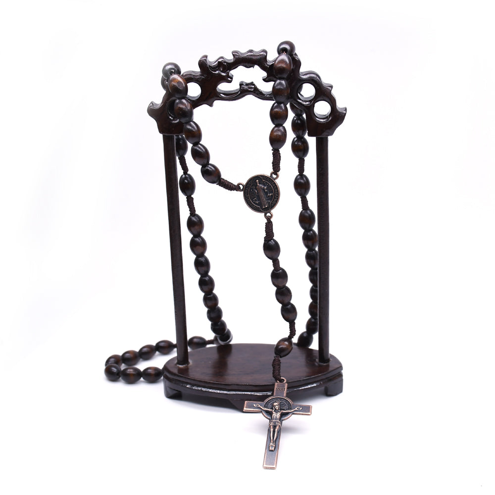 Vintage Wooden Rosary Necklace – Handcrafted Rice-Shaped Beads with Cross