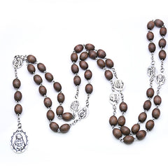 Seven Sorrows Rosary Necklace – Long Wooden Beads with Cross