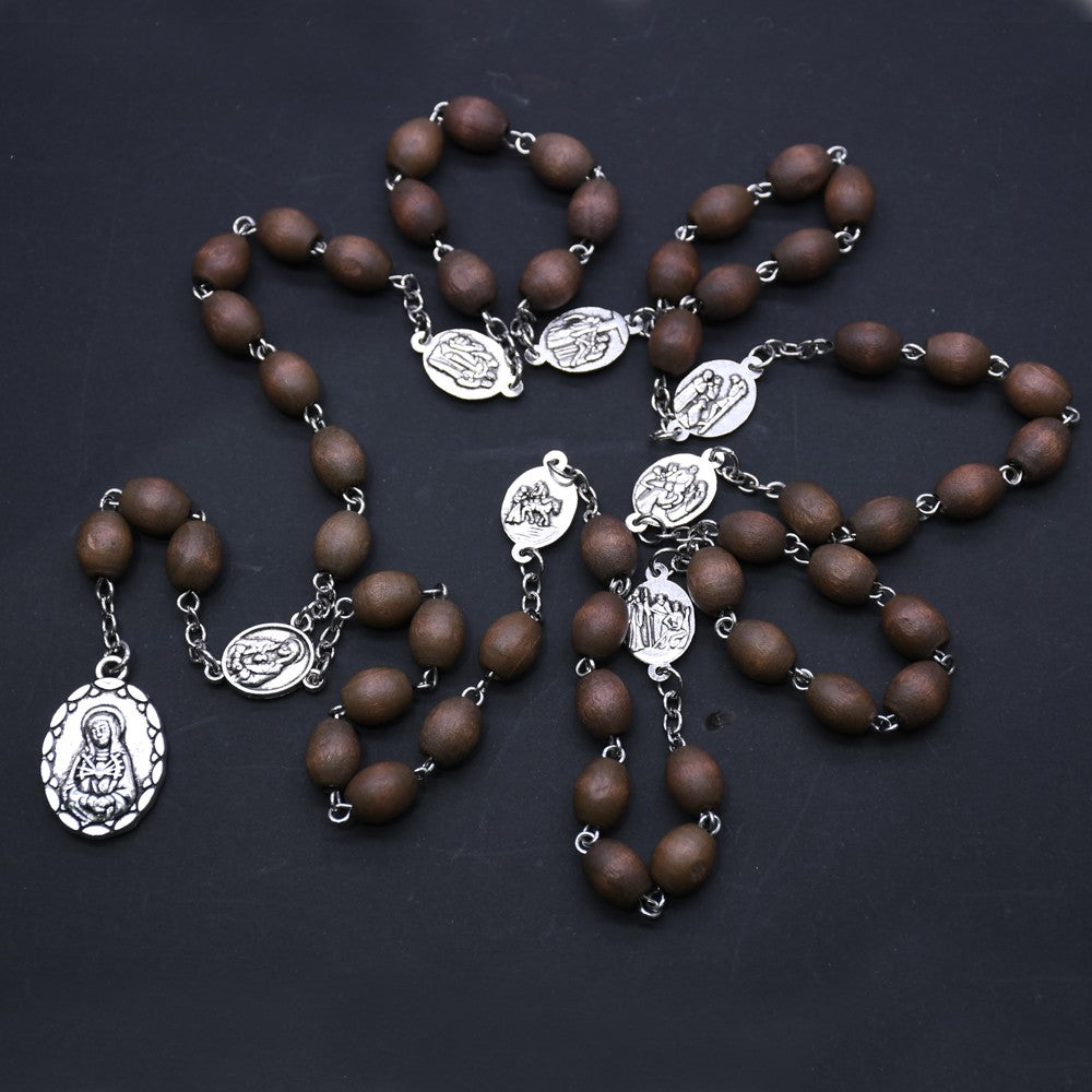 Seven Sorrows Rosary Necklace – Long Wooden Beads with Cross