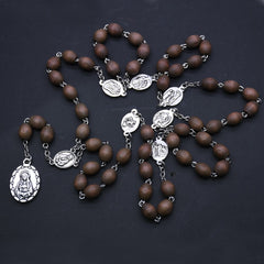 Seven Sorrows Rosary Necklace – Long Wooden Beads with Cross