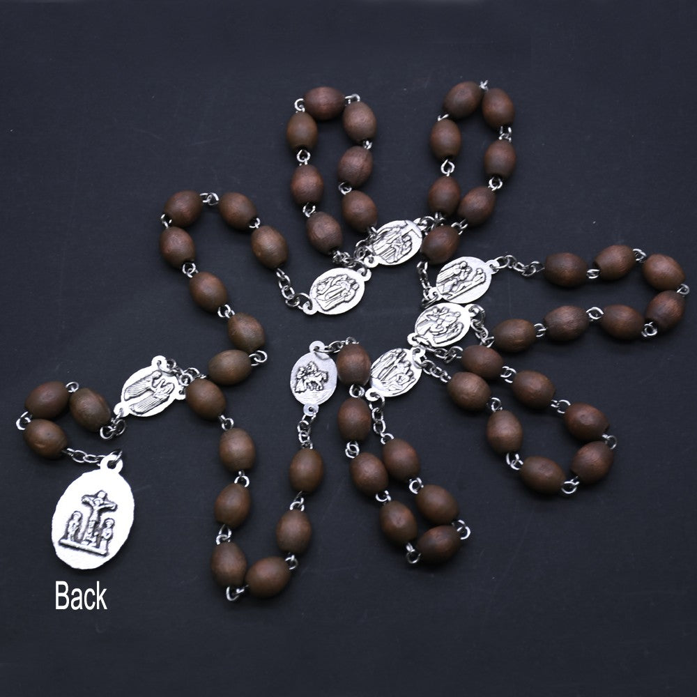 Seven Sorrows Rosary Necklace – Long Wooden Beads with Cross