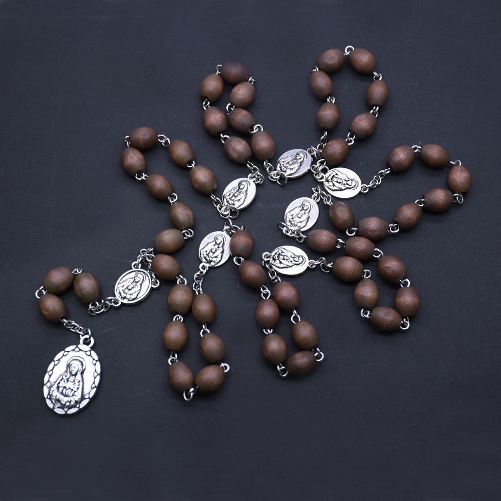 Seven Sorrows Rosary Necklace – Long Wooden Beads with Cross