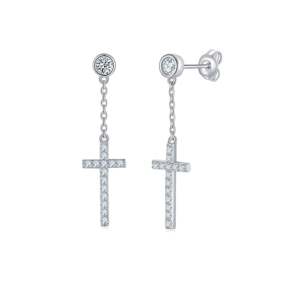 925 Sterling Silver Cross Drop Earrings with Moissanite Accents