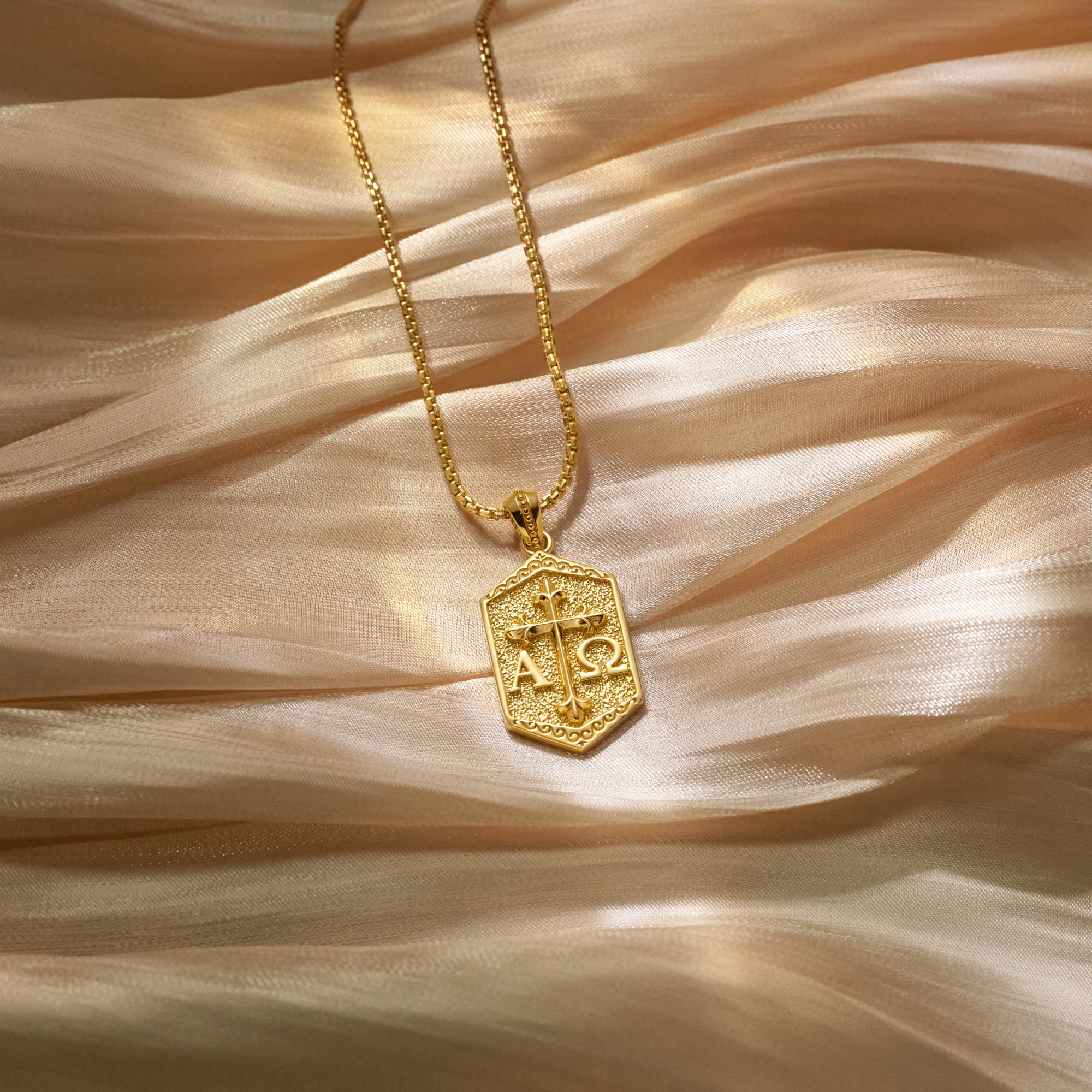 Hexagonal Alpha Omega Cross Medallion Necklace