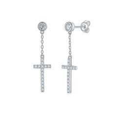 925 Sterling Silver Cross Drop Earrings with Moissanite Accents