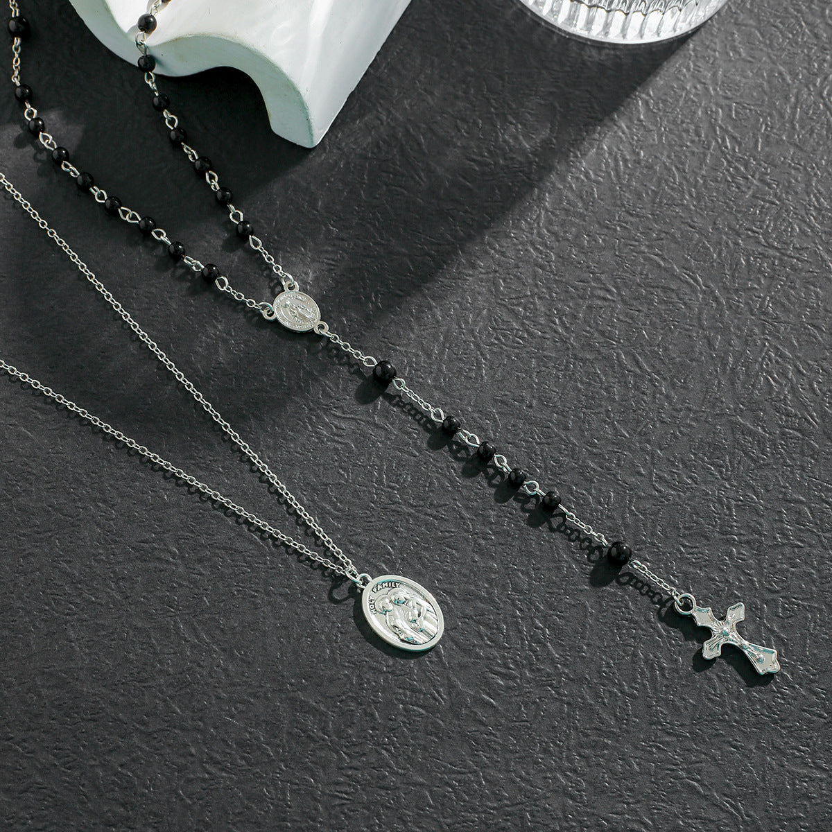 Layered Cross Black Bead Necklace