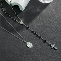 Layered Cross Black Bead Necklace