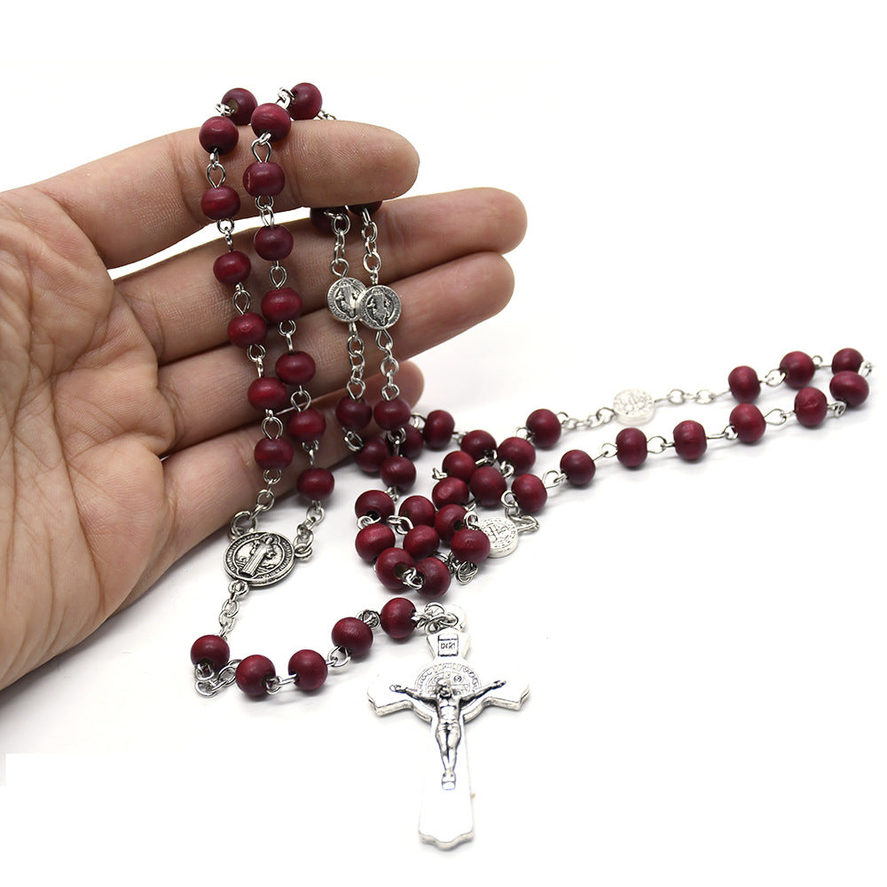 St. Benedict Burgundy Wooden Rosary Necklace – Handcrafted Cross