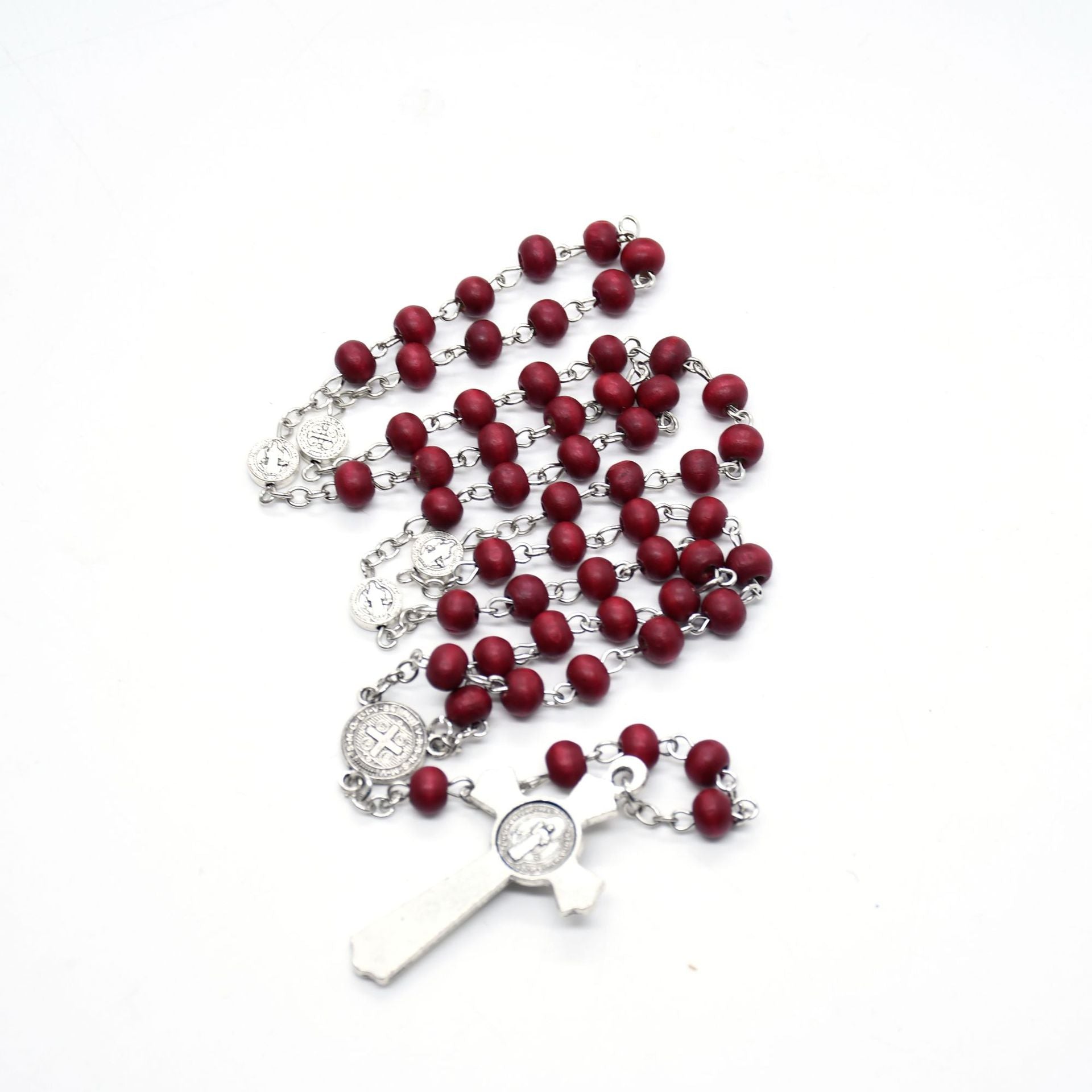 St. Benedict Burgundy Wooden Rosary Necklace – Handcrafted Cross