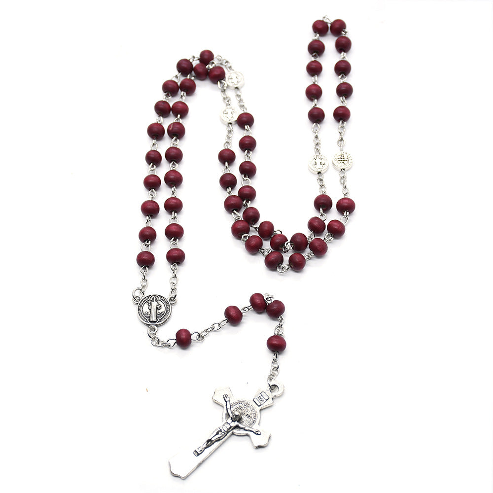 St. Benedict Burgundy Wooden Rosary Necklace – Handcrafted Cross