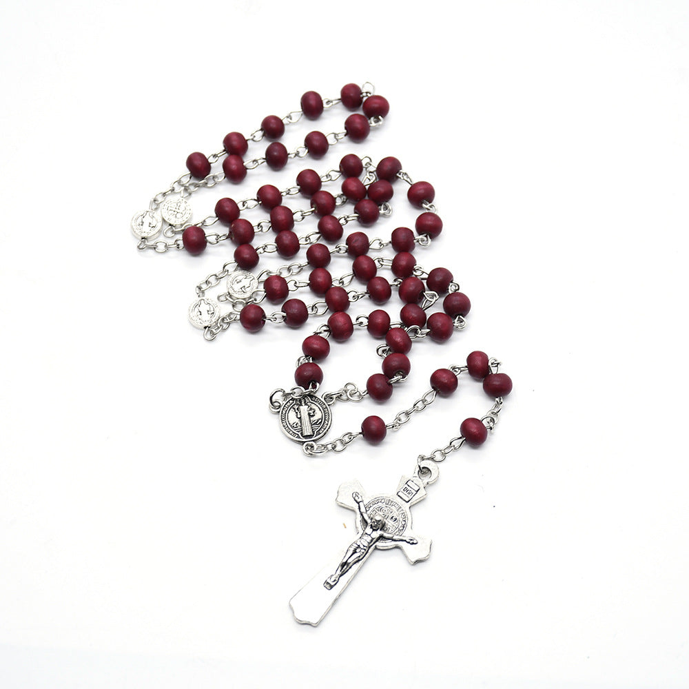 St. Benedict Burgundy Wooden Rosary Necklace – Handcrafted Cross